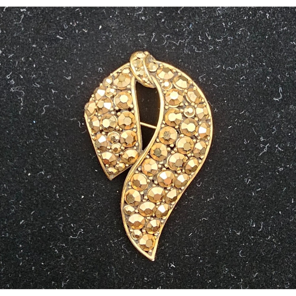 Vintage Weiss Hematite Rhinestone‎ Ribbon Brooch Pin Bronze Tone